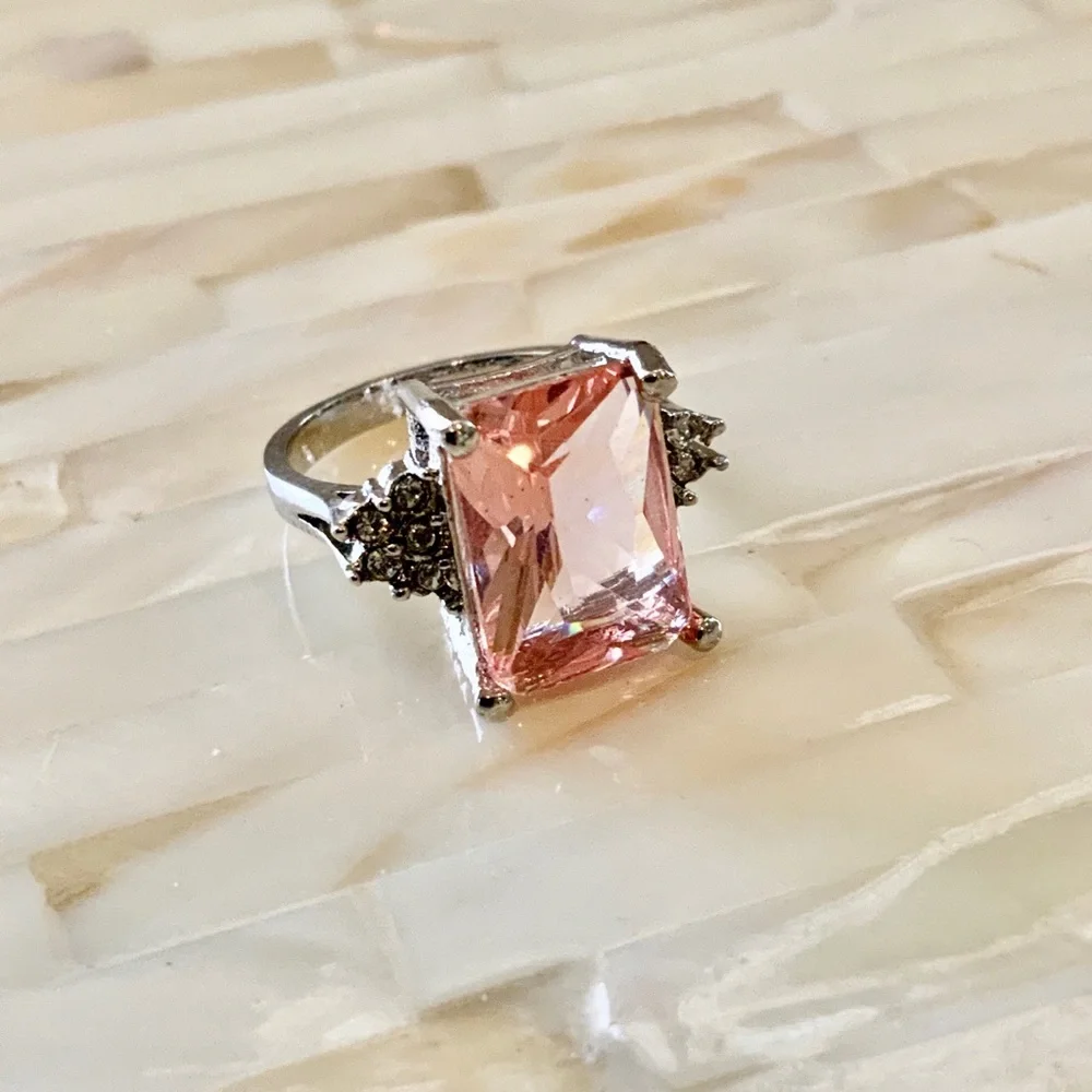 Ring Simulated Morganite & CZs Silver Fashion Large Emerald Cut Ring Size 6